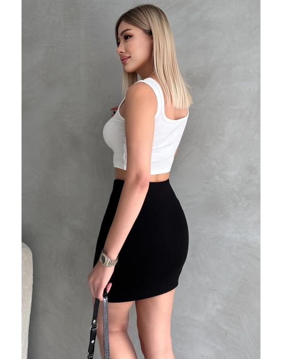 Siyah Beli Lastikli Yırtmaçlı İnterlok Mini Etek