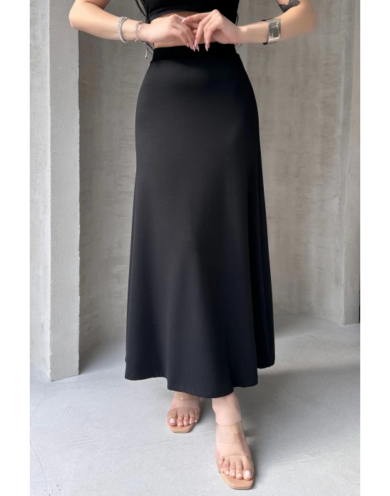 Siyah Puf Scuba Kadın Kloş Etek Beli Lastikli