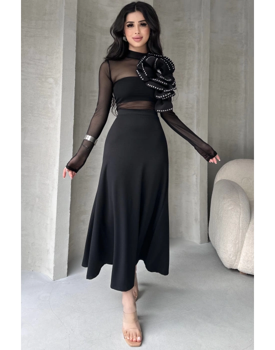 Siyah Puf Scuba Kadın Kloş Etek Beli Lastikli