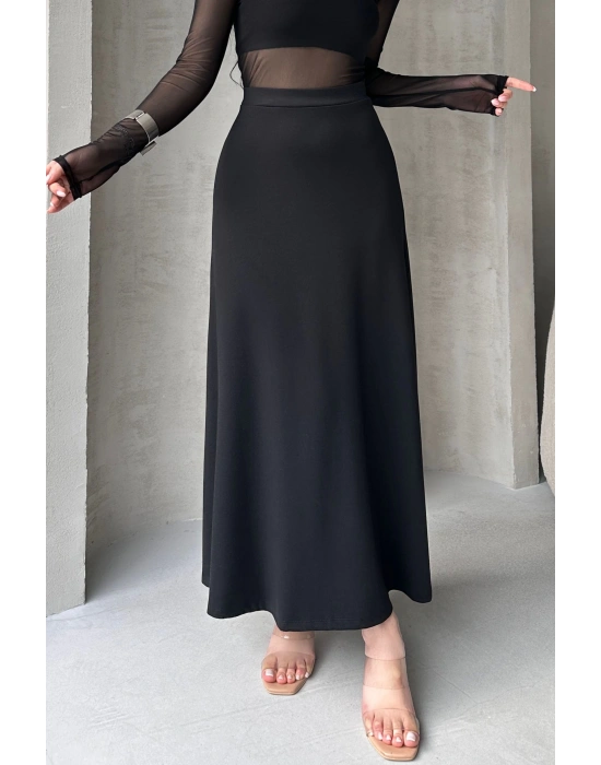 Siyah Puf Scuba Kadın Kloş Etek Beli Lastikli