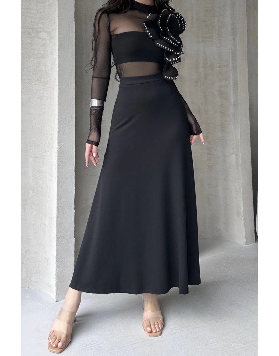 Siyah Puf Scuba Kadın Kloş Etek Beli Lastikli