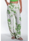 Kadın Yeşil Arka Beli Lastikli Yazlık Kadın Desenli Keten Pantolon