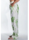 Kadın Yeşil Arka Beli Lastikli Yazlık Kadın Desenli Keten Pantolon