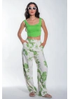 Kadın Yeşil Arka Beli Lastikli Yazlık Kadın Desenli Keten Pantolon