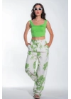 Kadın Yeşil Arka Beli Lastikli Yazlık Kadın Desenli Keten Pantolon