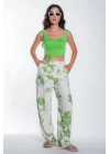 Kadın Yeşil Arka Beli Lastikli Yazlık Kadın Desenli Keten Pantolon