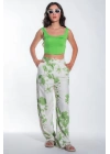 Kadın Yeşil Arka Beli Lastikli Yazlık Kadın Desenli Keten Pantolon