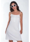 Yazlık Ayarlanabilir İp Askılı Yumuşak Örme Kumaş Beyaz Mini Elbise