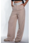 Kadın Bej Bel Detay Bol Paça Yanları Cepli Piliseli Palazzo Kadın Kumaş Pantolon