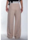 Kadın Bej Bel Detay Bol Paça Yanları Cepli Piliseli Palazzo Kadın Kumaş Pantolon