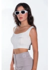 Kadın Önü Oval Kesim Çima Detay Sandy Kumaş Kalın Askılı Kadın Beyaz Crop Bluz