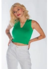 Kadın Yakası Zincir Detay Triko Yeşil Crop Kadın V Yaka Bluz