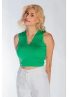 Kadın Yakası Zincir Detay Triko Yeşil Crop Kadın V Yaka Bluz