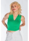 Kadın Yakası Zincir Detay Triko Yeşil Crop Kadın V Yaka Bluz