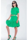 Kadın Önü Düğmeli Hasır Kemerli Kadın Midi Yeşil Yazlık Elbise