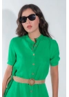 Kadın Önü Düğmeli Hasır Kemerli Kadın Midi Yeşil Yazlık Elbise