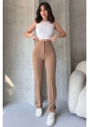 Kadın Bej Yüksek Bel Toparlayıcı Ispanyol Paça Pantolon