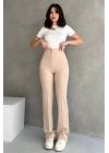 Kadın Krem Yüksek Bel Toparlayıcı Ispanyol Paça Pantolon