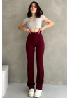 Kadın Bordo Yüksek Bel Toparlayıcı Ispanyol Paça Pantolon