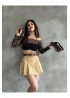 Kadın Bej Piliseli Kemerli Mini Şortlu Etek