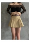 Kadın Bej Piliseli Kemerli Mini Şortlu Etek
