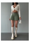 Kadın Haki Piliseli Kemerli Mini Şortlu Etek