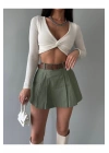 Kadın Haki Piliseli Kemerli Mini Şortlu Etek