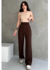 Kadın Kahverengi Yüksek Bel Krep Kumaş Likralı Rahat Kesim Cırtlı Palazzo Pantolon