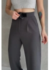 Kadın Antrasit Yüksek Bel Krep Kumaş Likralı Rahat Kesim Cırtlı Palazzo Pantolon