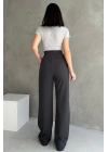 Kadın Antrasit Yüksek Bel Krep Kumaş Likralı Rahat Kesim Cırtlı Palazzo Pantolon