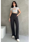Kadın Antrasit Yüksek Bel Krep Kumaş Likralı Rahat Kesim Cırtlı Palazzo Pantolon