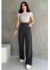 Kadın Antrasit Yüksek Bel Krep Kumaş Likralı Rahat Kesim Cırtlı Palazzo Pantolon