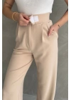 Kadın Bej Yüksek Bel Krep Kumaş Likralı Rahat Kesim Cırtlı Palazzo Pantolon