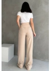 Kadın Bej Yüksek Bel Krep Kumaş Likralı Rahat Kesim Cırtlı Palazzo Pantolon