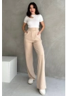 Kadın Bej Yüksek Bel Krep Kumaş Likralı Rahat Kesim Cırtlı Palazzo Pantolon