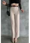 Kadın Bej Yüksek Bel Keten Kumaş Rahat Kesim Örgü Kemerli Palazzo Pantolon