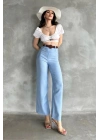 Kadın Mavi Yüksek Bel Keten Kumaş Rahat Kesim Örgü Kemerli Palazzo Pantolon