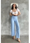 Kadın Mavi Yüksek Bel Keten Kumaş Rahat Kesim Örgü Kemerli Palazzo Pantolon