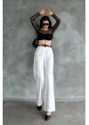 Kadın Beyaz Yüksek Bel Keten Kumaş Rahat Kesim Örgü Kemerli Palazzo Pantolon