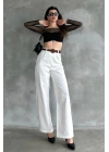 Kadın Beyaz Yüksek Bel Keten Kumaş Rahat Kesim Örgü Kemerli Palazzo Pantolon