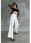 Kadın Beyaz Yüksek Bel Keten Kumaş Rahat Kesim Örgü Kemerli Palazzo Pantolon