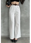Kadın Beyaz Yüksek Bel Keten Kumaş Rahat Kesim Örgü Kemerli Palazzo Pantolon