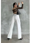 Kadın Beyaz Yüksek Bel Keten Kumaş Rahat Kesim Örgü Kemerli Palazzo Pantolon