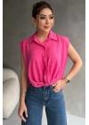 Kadın Keten Bağlama Detaylı Pembe Gömlek Bluz