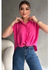 Kadın Keten Bağlama Detaylı Pembe Gömlek Bluz