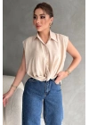 Kadın Keten Bağlama Detaylı Bej Gömlek Bluz