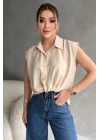 Kadın Keten Bağlama Detaylı Bej Gömlek Bluz