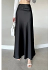 Kadın Siyah Floş Viskon Saten Kemeri Lastikli Fermuarlı Maxi Boy A Line Etek