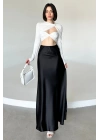 Kadın Siyah Floş Viskon Saten Kemeri Lastikli Fermuarlı Maxi Boy A Line Etek