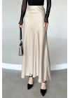 Kadın Bej Floş Viskon Saten Kemeri Lastikli Fermuarlı Maxi Boy A Line Etek